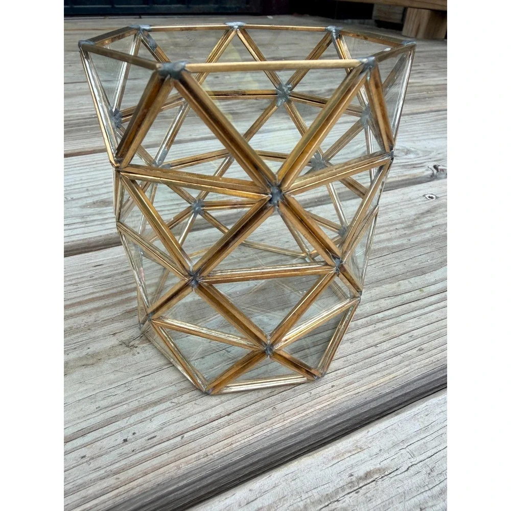 Brass Geometric Votive Holder, Faceted Glass Lantern, Modern Boho Decor